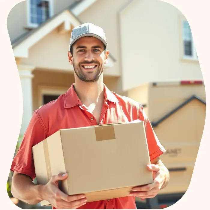 Two removalists moving boxes up stairs